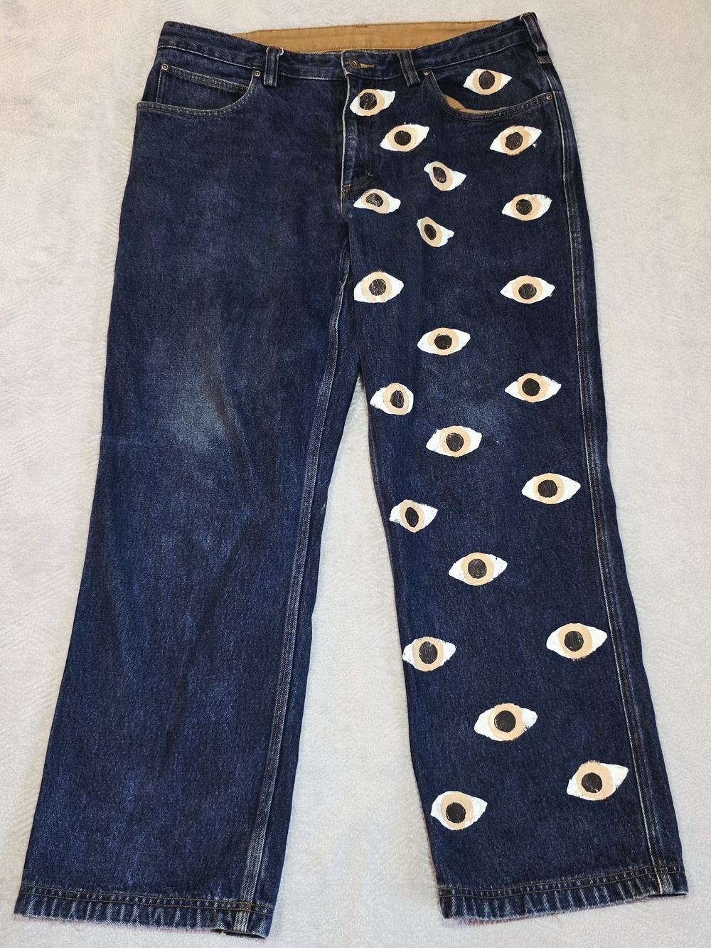 Duluth Trading Ballroom Jeans 38x30 Hand Painted Eyes Art Denim